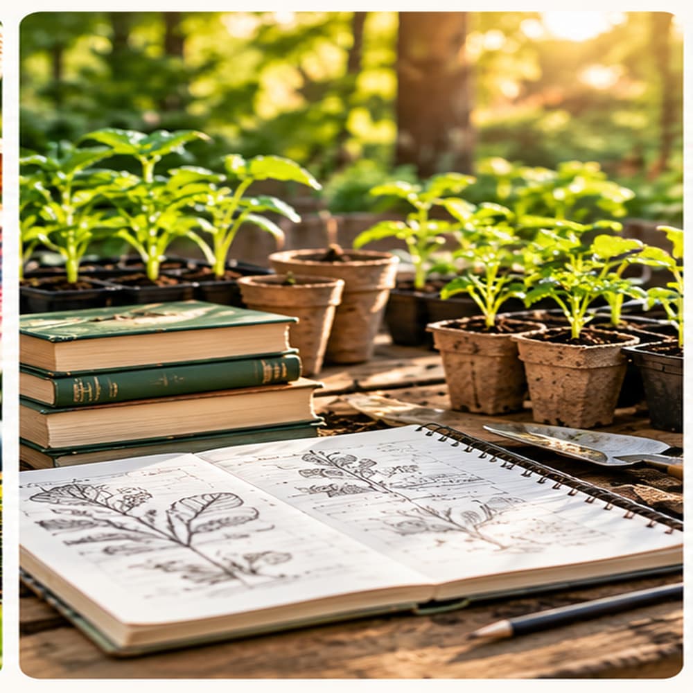 Seedlings in pots beside gardening books and a notebook